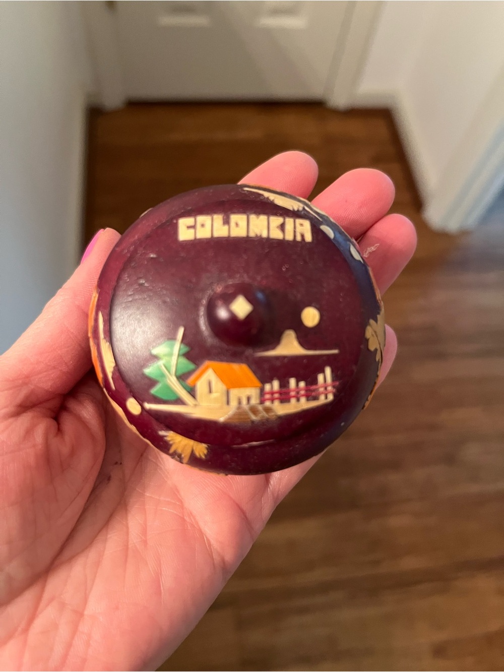 Hand-Painted Colombia Wooden Trinket Box - Burgundy with Yellow Accent